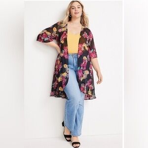 Maurices 2X floral ruffle hem open front kimono